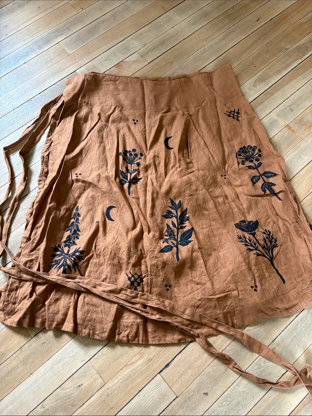 Rare! SISTER NETTLE Rust Black Block Print Linen Wrap Skirt